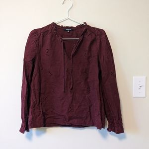Madewell burgundy eyelet popover blouse with ruffle collar size S